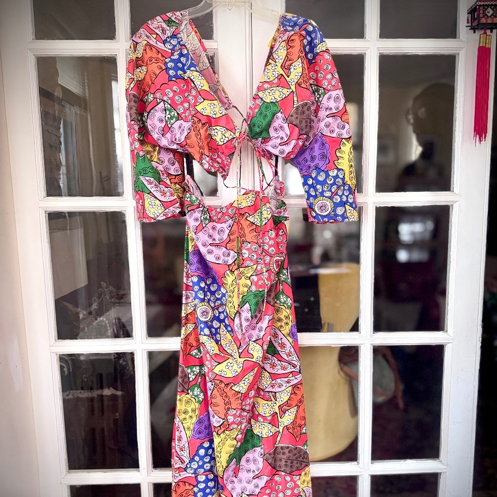 Mara Hoffman Maxi Floral Cut-Out Shaina Puff-Sleeve Dress Organic Cotton Sz. L - Picture 6 of 12
